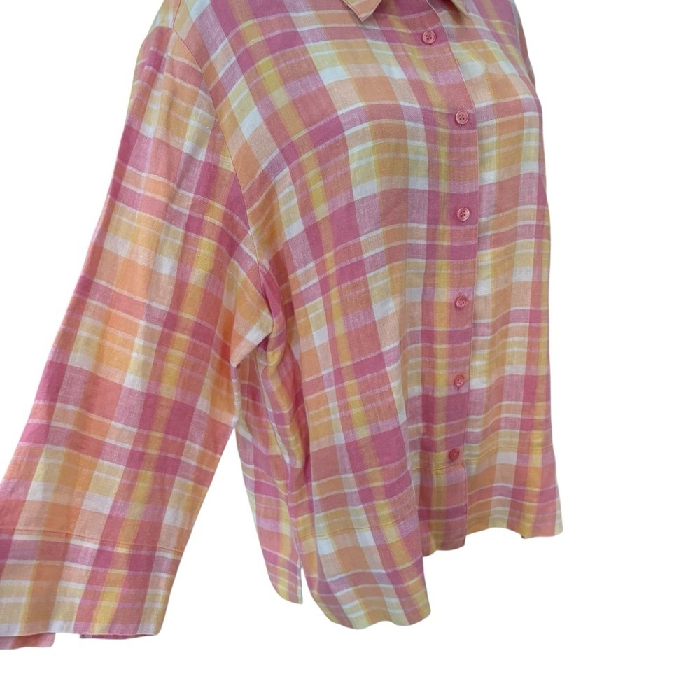 Women's XL Pastel Pink Yellow Plaid 100% Linen Boxy Button-Up Breathable Shirt - Picture 4 of 9